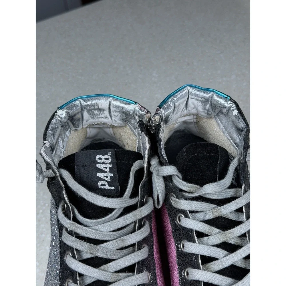 P448 Multicolor Glitter High Top Sneakers in Pink Silver Teal  Size 40 US 9.5-10
